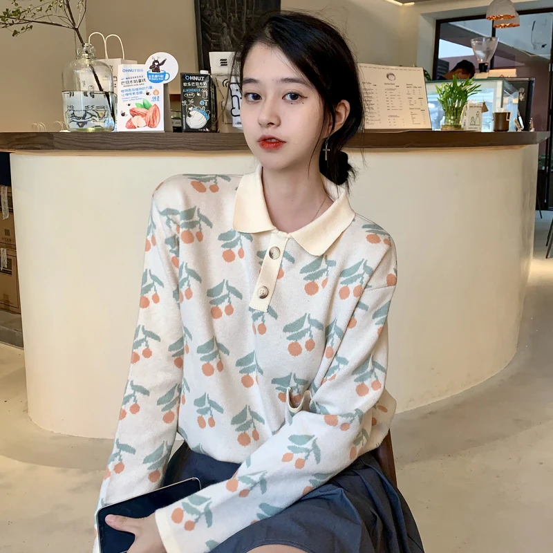 

Film quality ghost horse girl han fasten sweet ins long sleeve POLO brought the joker cherry jacquard sweater