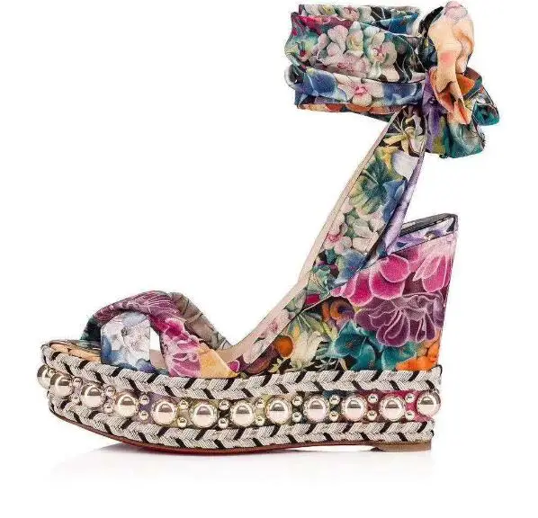 Fashion Flower Printed Lace-Up Wedge Sandals Woman Sexy Open Toe Rivets Studded Platform Heels Summer Gladiator Floral Shoes