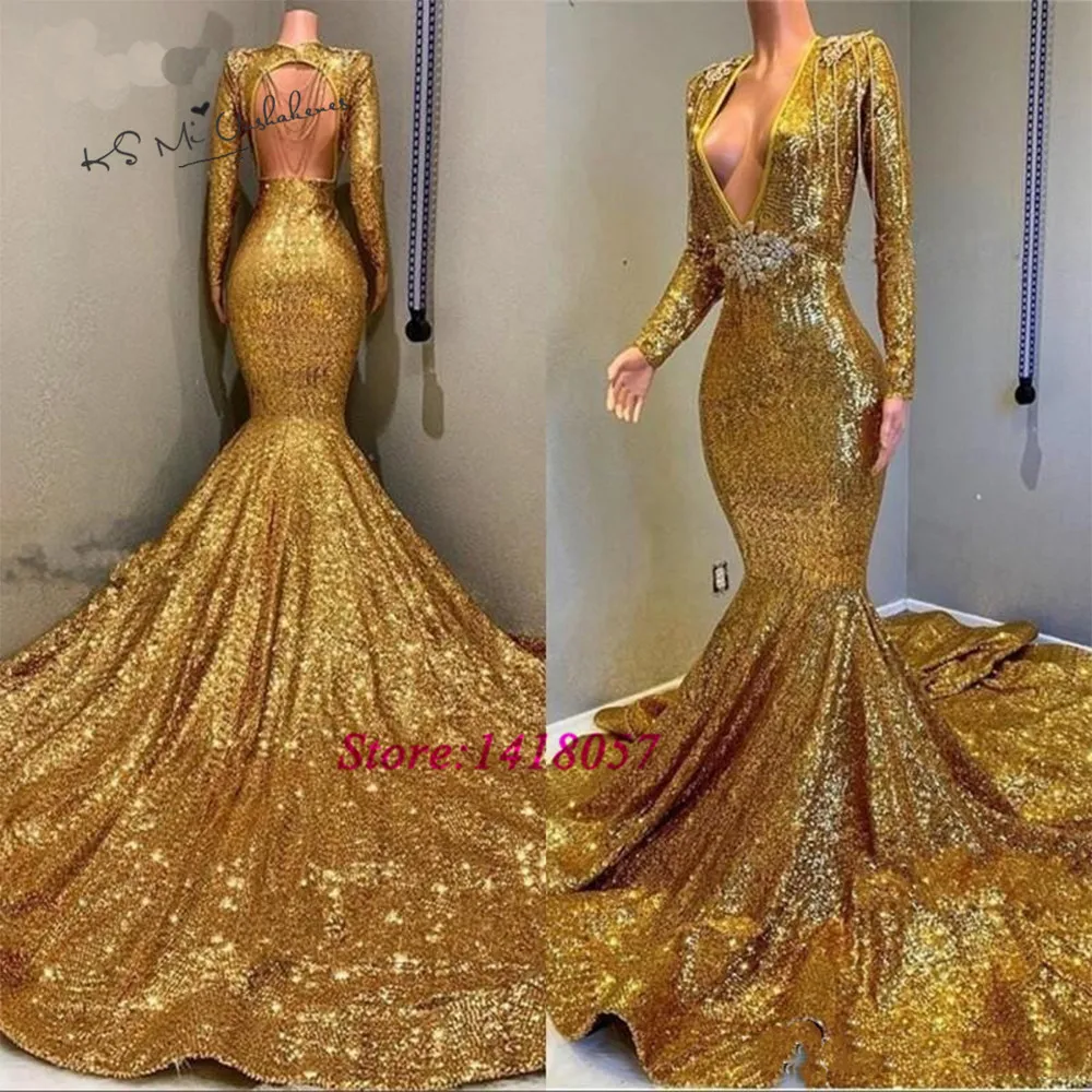 

Sexy Gold Sequined Luxury Evening Dresses Backless Long Sleeve Evening Gowns Formal Crystal Mermaid Prom Dress Long Abendkleider