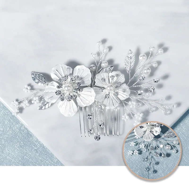 FORSEVEN Super Fairy Simple Silver Color Flower Crystal Pearls Hair Combs Women Bride Noiva Wedding Veil Decor Jewelry Clips | Украшения и