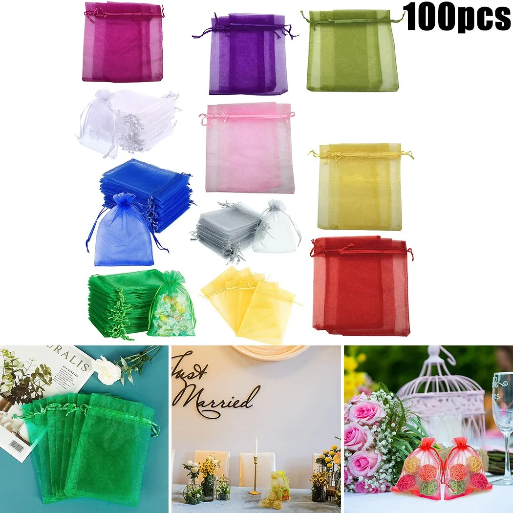 

100pcs Organza Wedding Favour Gift Candy Bags Jewelry Pouch Organza Gift Bags For Christmas, Anniversary, Holiday, Valentine's D