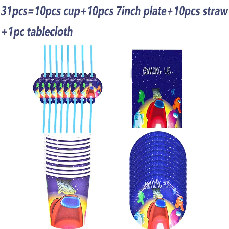 

Among Us Theme Boys Birthday Party Supplies Disposable Tableware Set Paper Cups Plates Napkin Straw Kids Favor Gifts Baby Shower