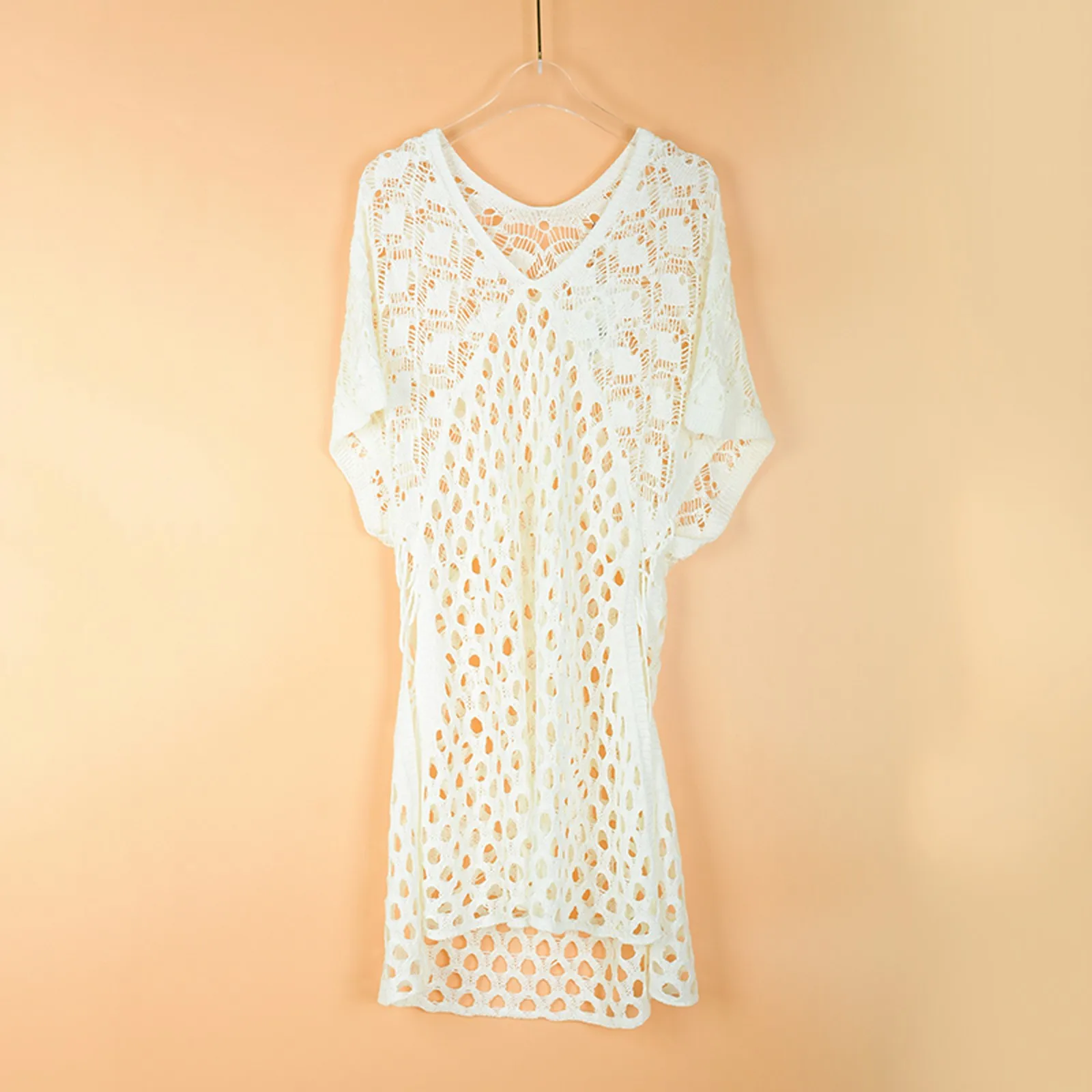 

White Swim Cover Up Dress For Women Summer Sundress Ladies Beach Knitted Hollow V-neck Pullover Bikini Short Sleeve Dress Female