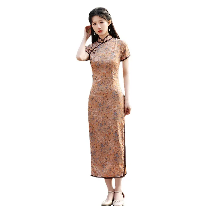 

Old Shanghai 2021 Spring and Summer New Retro Improved Small Wide Side Long Eight-button Cheongsam Chinese Dress Traditional