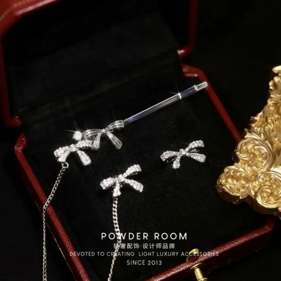 

S925 Silver Micro Diamond Bow Earrings + Hair Clip Chain Set Hair Clip Integrated Earrings Cute Temperament Tassel Hair Clip