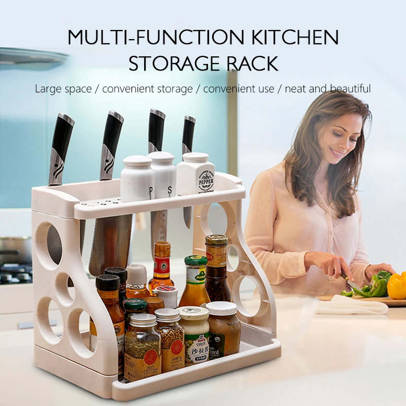 

2Layer Plastic Rack Kitchen Organize Spices Jar Bottle Knife Holder Organizer Saving Space Kitchen Supplies Storage Dropshipping