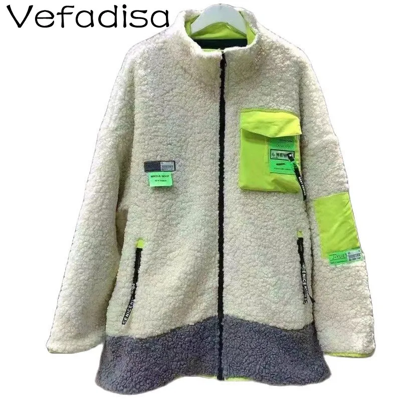 

Vefadisa Contrasting Color Lamb Velvet Jacket Loose Padded Stand Collar Zipper Cardigan Jacket 2021 New Women Clothing TT384