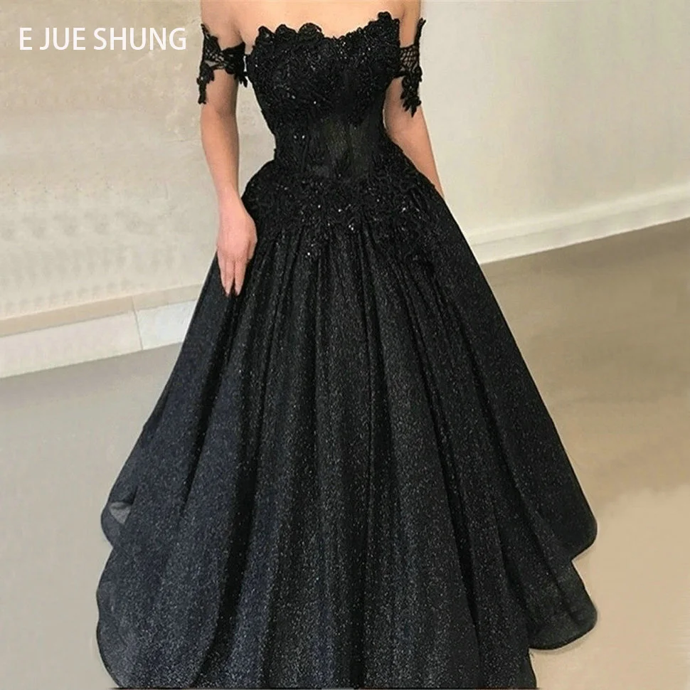 

E JUE SHUNG Black Shinny Sweetheart Wedding Dresses Lace Appliques Ball Gown Lace up Back Bridal Wedding Gowns