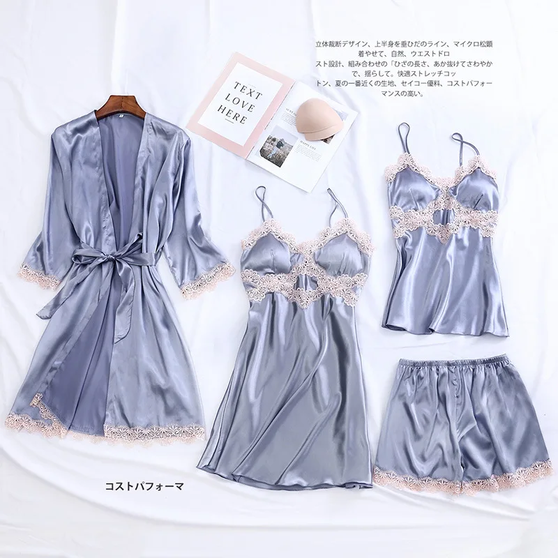 

Summer Autumn Women Silk Lace Trim Pajamas Sets With Chest Pads Pijama Sleepwear 4 Pieces Satin Pyjamas