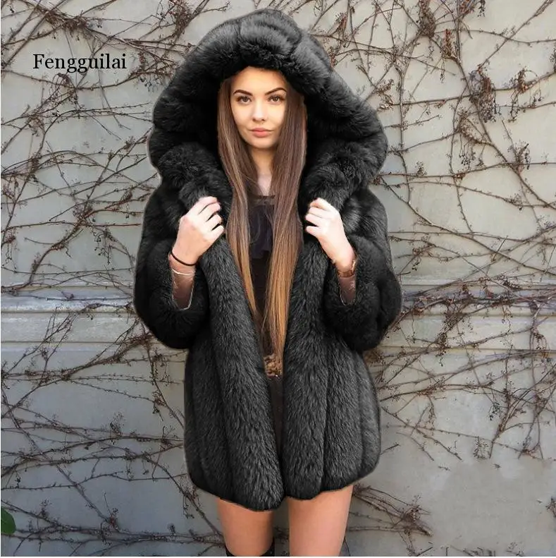 Fengguilai Elegant Faux Fox Fur Coat Women Winter Fashion Medium Long Artifical Woman Warm Fake Coats | Женская одежда