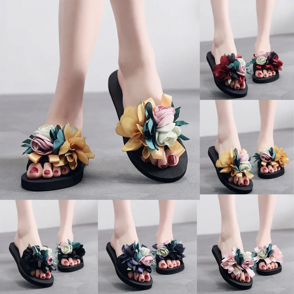 

Summer Beach Slippers Women Bohemian Flower Flat Slippers Flat Slides Slip On Summer Sandals Non-slip Women Outdoor Shoes