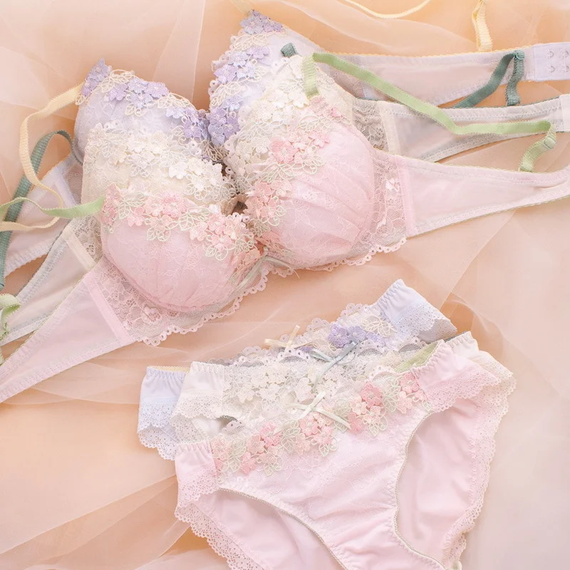 Japanese Cute Sweet Push Up Bras For Women Plus Size Underwear Lingerie Intimates Embroidery Floral Flower Comfort Bra Bralette