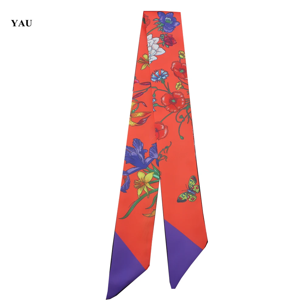 

Бесплатная доставка, маленький шарф с цветочным принтом бабочки 95 см * 5 см, женский шелковый шарф, повязка на голову, длинные шарфы, аксессуары для сумок, лента