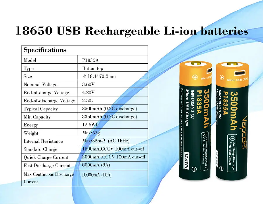 4 шт. Vapcell оригинальный 18650 3500 мАч P1835A кнопочный Топ 3 7 в USB перезаряжаемые