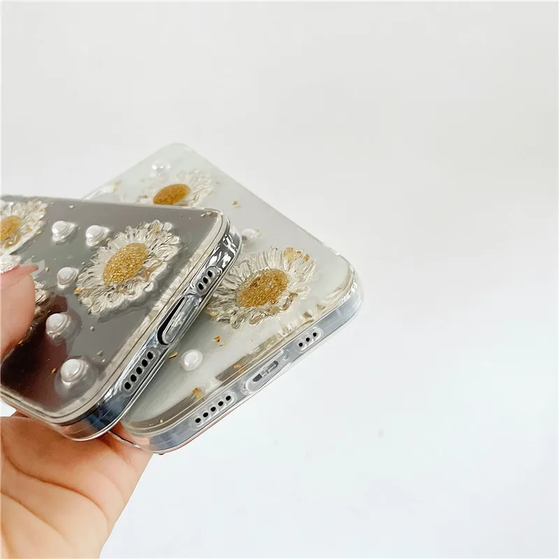 

Cute 3D Pearl Daisy Phone Cases For iphone 12 11 Pro Max X XS Max XR 8 7 Se 2020 12 Mini Glitter Soft Silicone Back Cover Shell