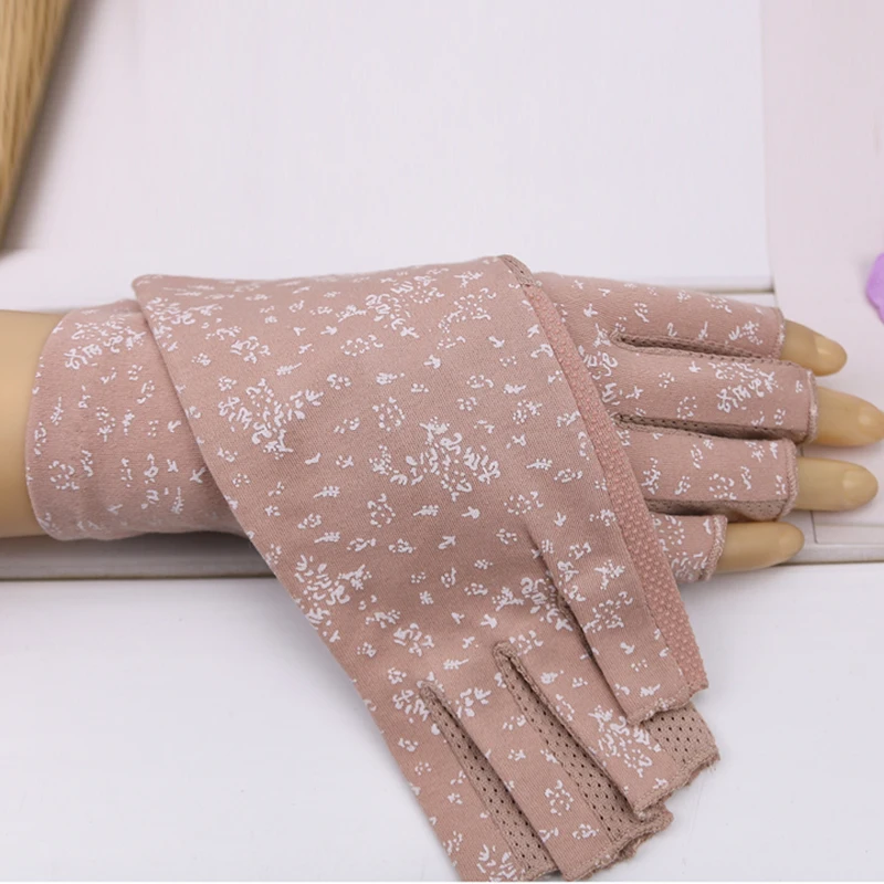 

Women's Cotton Summer Gloves Fingerless Half Finger Anti-Skid Sun Protection Printing Thin Dot Short Driving Gloves