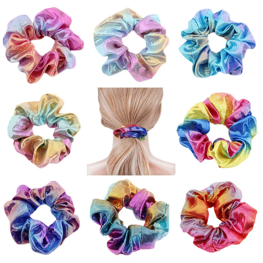 

2021 Fashion Rainbow Colorful Scrunchies Elastic Hair Bands Glitter Ponytail Holder Hair Ties Rope Women Girls Hair Accessories