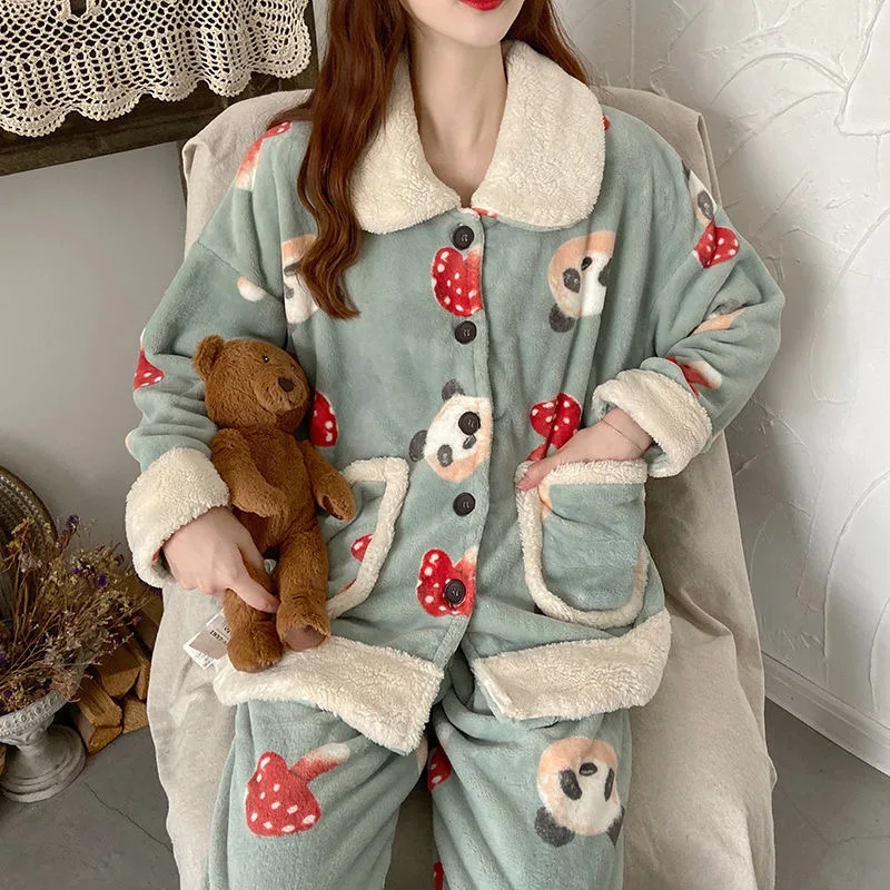 QWEEK Winter Pajamas for Women Kawaii Panda Flannel Pijamas Cute Fruit Two Piece Sets Pyjamas Sleepwear Home Clothes Loungewear