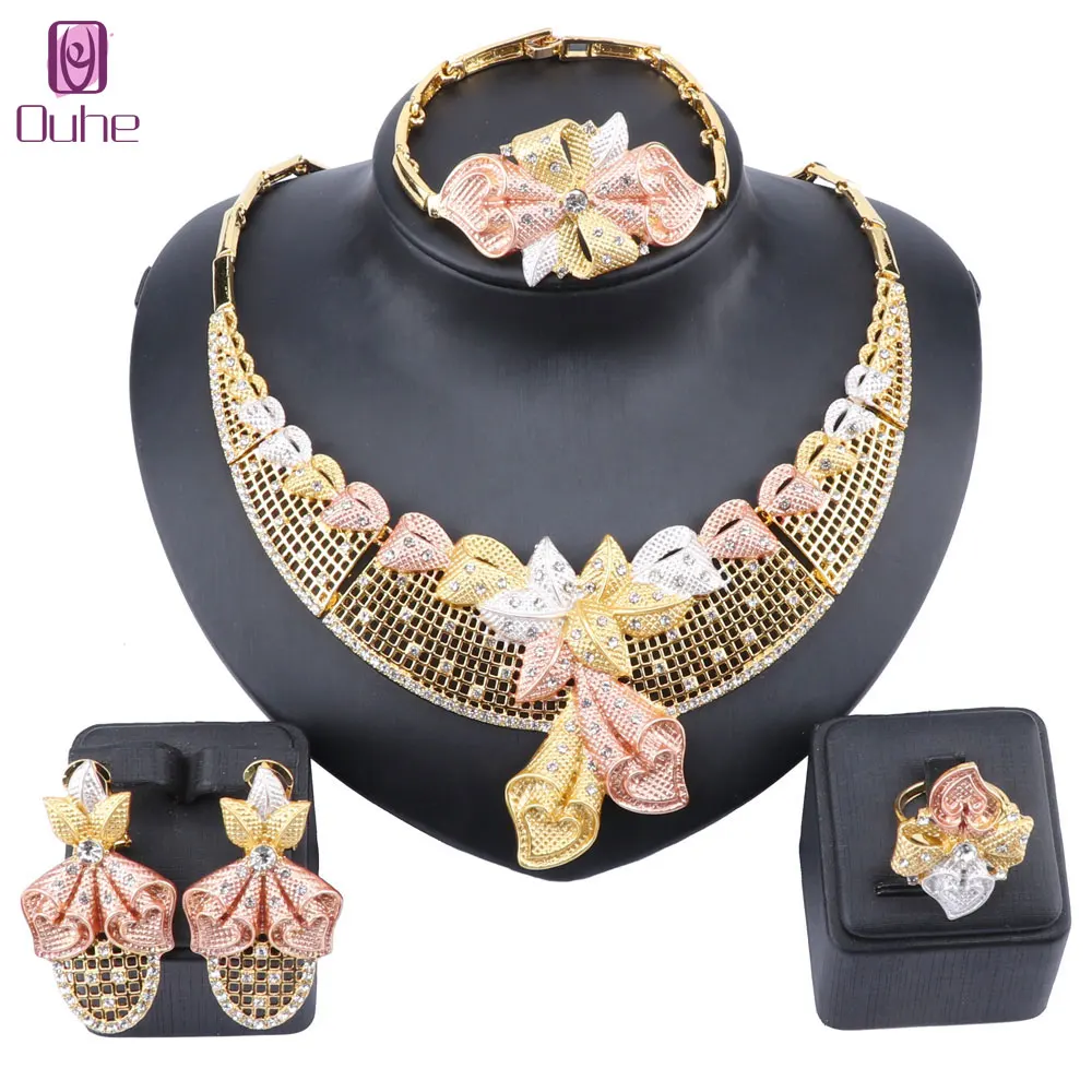 

Bridal Jewelry Set Nigerian Wedding Dubai Gold Crystal Jewelry Sets For Women African Big Flowers Necklace Earrings Bangle Ring