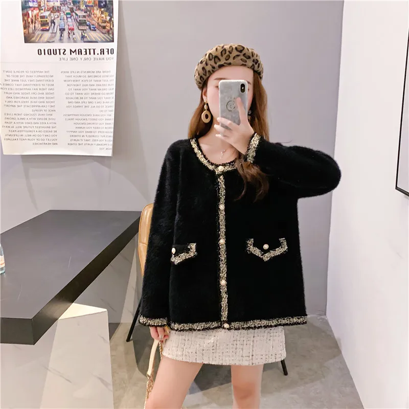 Женский короткий вязаный кардиган жакет из искусственного бархата на пуговицах