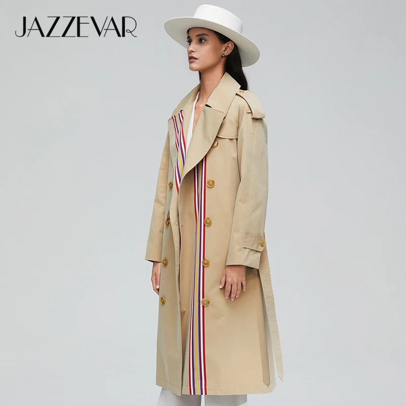 JAZZEVAR, Новое поступление, Осенний Тренч цвета хаки, женское повседневное модное хлопковое длинное пальто с поясом высокого качества для женщин 9004-1