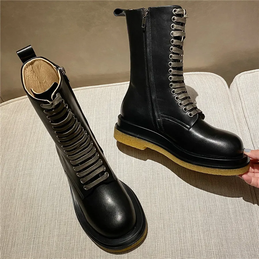 

Women Lace Up Straps Cow Leather Wedges Mid Heels Military Riding Boots Female High Top Round Toe Fashion Sneakers Casual Shoes