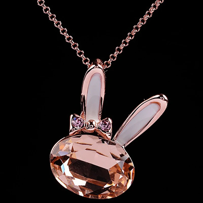 

New Rabbit Necklace Champagne Crystal Pendant 18K Rose Gold Neck Chain Women Fashion Jewelry Set Fine Accessories Ornament