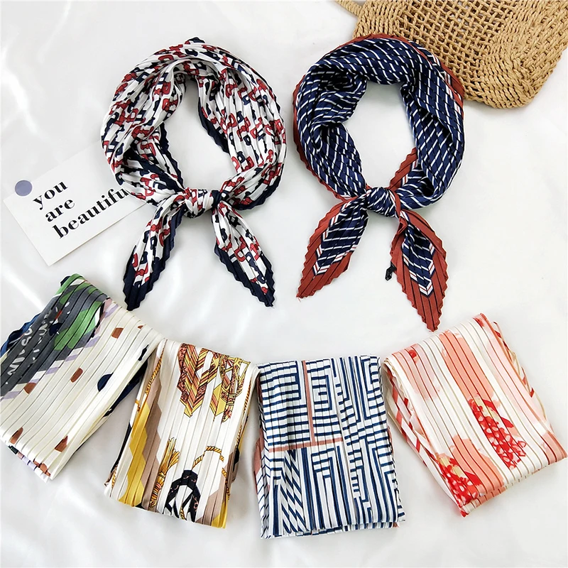 

High Quality Square Folds Print Crinkle Small Silk Scarf For Women Crumple Neckwear Pleated Foulard Femme Bandana Handkerchief