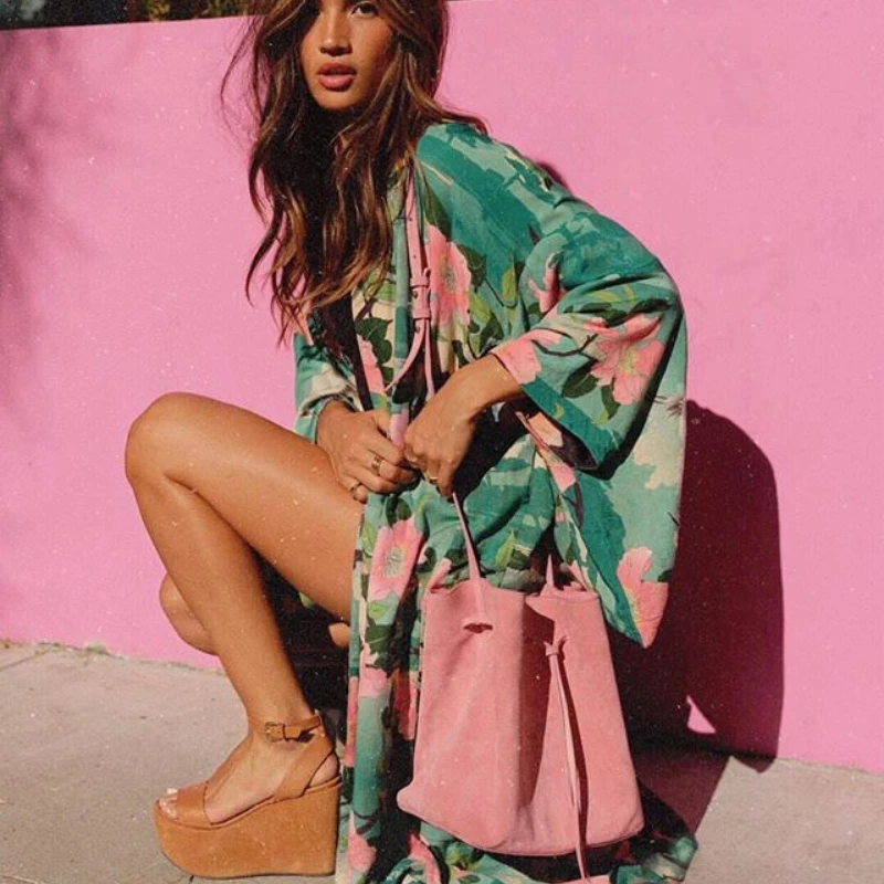 

Woman Long Green Kaftan Dress Boho V-Neck Beach Loose Sexy Party Dresses Summer 2021 Crane Print Swimsuit Plus Blouse Maxi Skirt