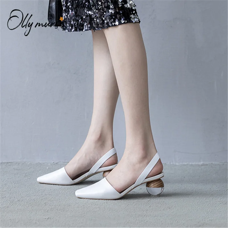 

OllyMurs Fashion White Genuine Leather Women Summer Sandals Square Toe Slip On Round Mid Heel Women Sandals Party Shoes Woman