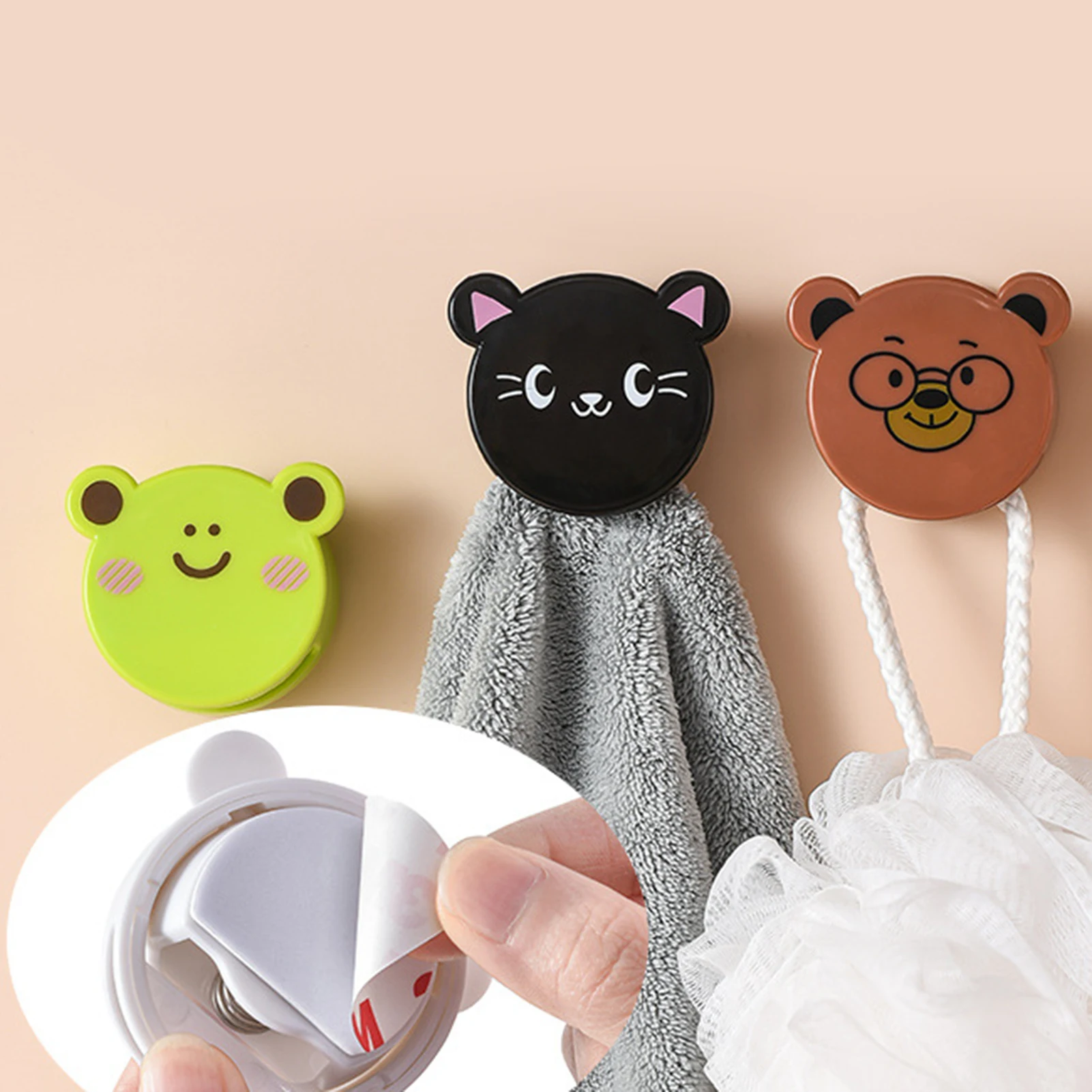 

4PCS Cartoon Bear Self Adhisive Towel Hook Punch Free Bathroom ABS Towel Holder Rack Kitchen Accessories Bathroom Supplies