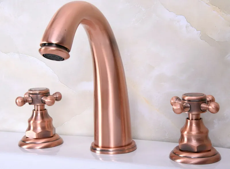 Antique Red Copper Widespread Basin Faucet Dual Handle Bathroom Sink Mixer Tap 3 Holes Hot and Cold Water Lavatory Taps | Обустройство