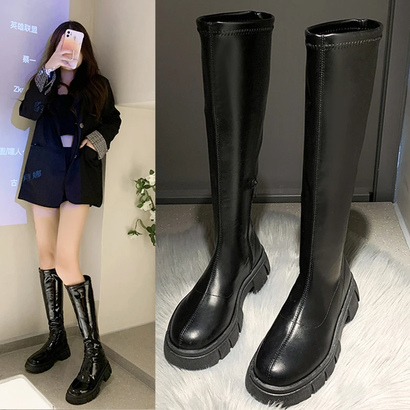 

Женские сапоги на плоской подошве, из ПУ кожи, с круглым носком, на молнии