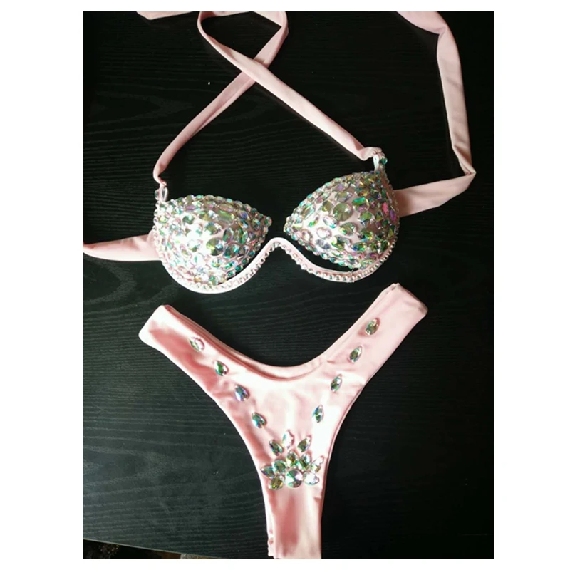 2019 Sexy Women Two Pieces Set Lycra pink Red Blue Black Gold Grey Spaghetti Strap Beading water Seaside Wear Bodysuit | Женская одежда