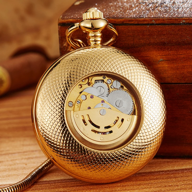 Roman Numeral Luxury Quality Copper Mechanical Pocket Watch Palace Full Gold Case Steampunk Skeleton Fob Chain Clock for Men