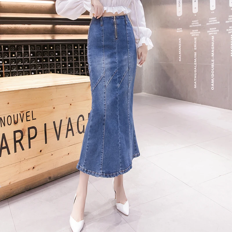 Blue skirt Новая джинсовая юбка рыбий хвост Женская молния имперский Высокая талия до середины икры русалка юбка-годе джинсы faldas mujer moda B98695 - Цвет: Blue skirt