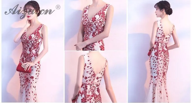 V-образным вырезом прозрачные вечерние платья в блестках Cheongsam Китай длинное вечернее платье Qi Pao женское китайское свадебное платье Qipao Русалка
