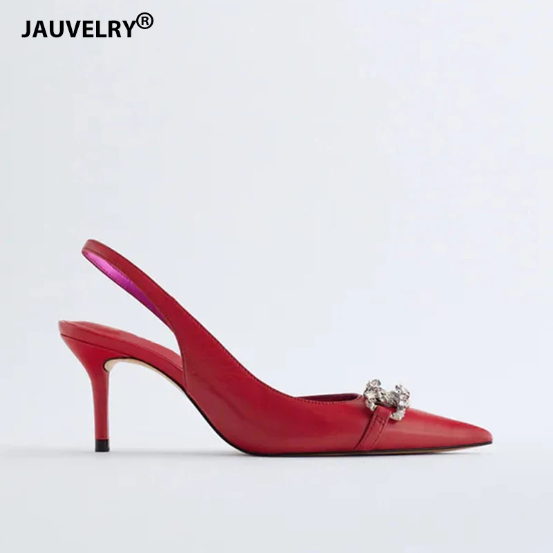 

Женские босоножки на высоком каблуке, красные свадебные туфли с ремешком на пятке, украшенные ювелирными украшениями, с острым носком, 2021