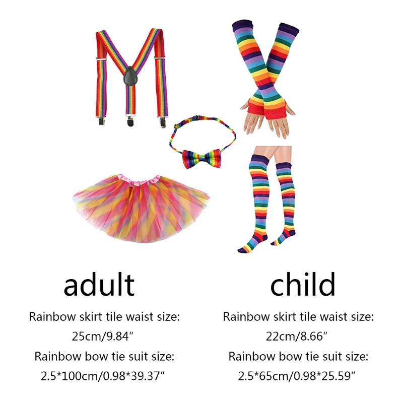

Adult Kids 5 In 1 80s Costume Accessories Set Diagonal Rainbow Striped Tutu Skirt Gloves Long Socks Bowtie Suspenders