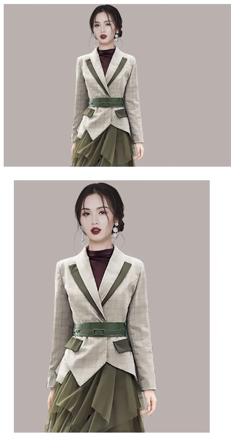 

Office Lady Women Long Sleeve Plaid Notched Collar Jackets + Multi-Layered Mesh Skirt Spring And Autumn Fashion Two-Piece Set
