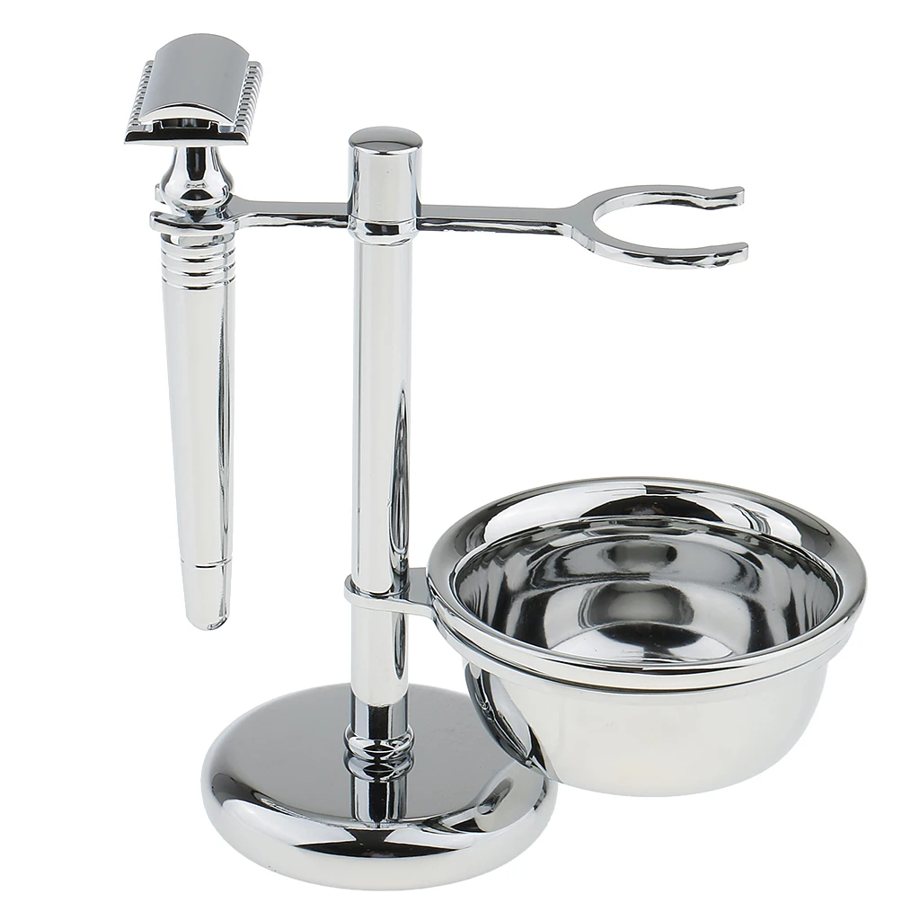 

Men Stainless Shaving Kit Weighted Base Stand+Safety +Bowl+Badger Brush