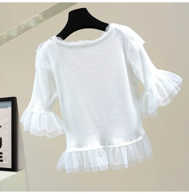 

2021 Summer Beads Diamond Lace Lace-Collared Ladies Knitted Shirt Korean Short Sleeve Top Patchwork Ruffled Ice Silk Sweater