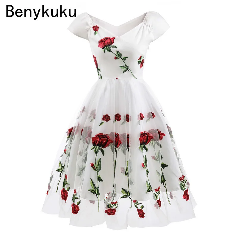 Винтажное вечернее платье с вышивкой розы Сетчатое Трикотажное v-образным