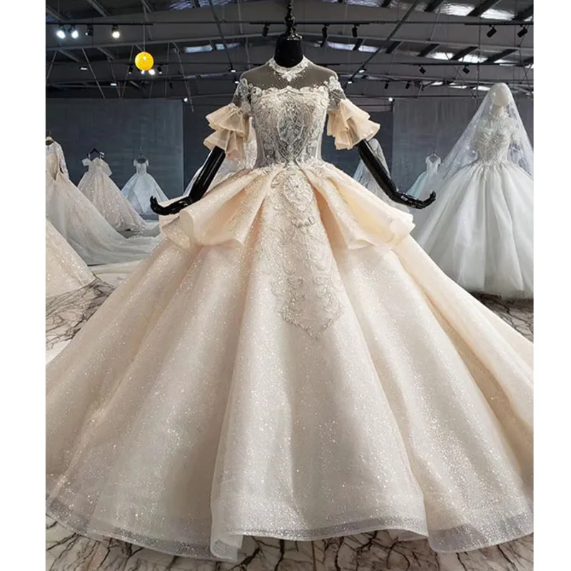 

BGW HT41412 Arabic Wedding Dresses Dubai Illusion Bead Sequin Lace Short Sleeve Wedding Gown Plus Size Vestido De Noiva Princesa