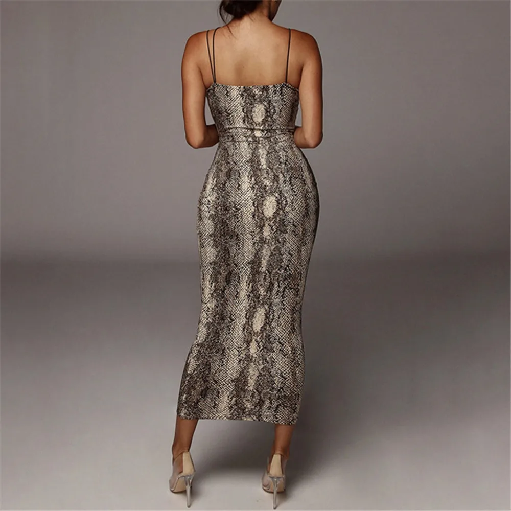 

Sleeveless V-Neck Sling Pencil Dress Leopard Snake Print Spaghetti Strapless Maxi Dresses Women Summer Sexy Sheath Long Dress