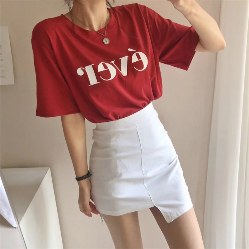 

Qooth Cotton Solid Fashion Letter Printed T-shirt Causal O-neck Short Sleeve Straight Shirt Pullover Thin All Match Shirt QT899