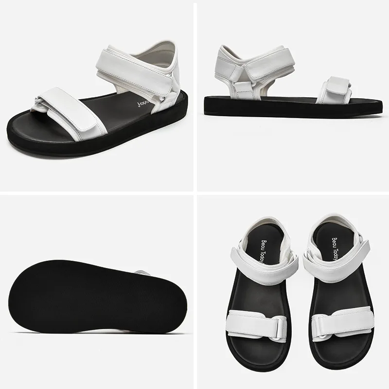 

BeauToday Casual Sandals Women Genuine Sheepskin Leather Elastic Fabric Platform Shoes Hook Loop Ladies Flats Handmade 38176