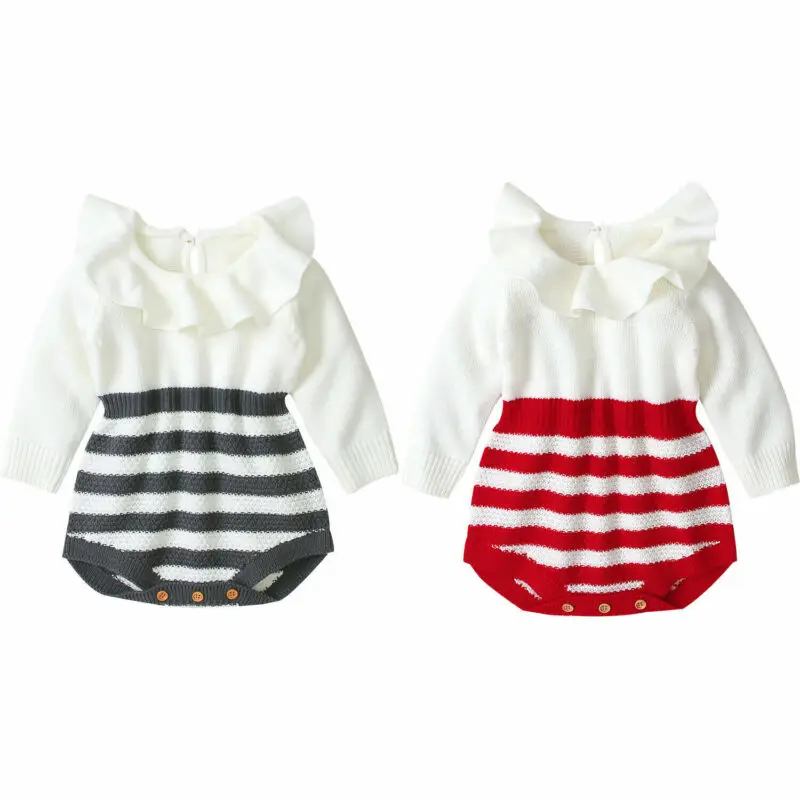 

Cute Newborn Baby Girls Wool Knit Romper Long Sleeve Striped Knitting Jumpsuit One Piece Warm Outfits Baby Girls Ruffles Clothes
