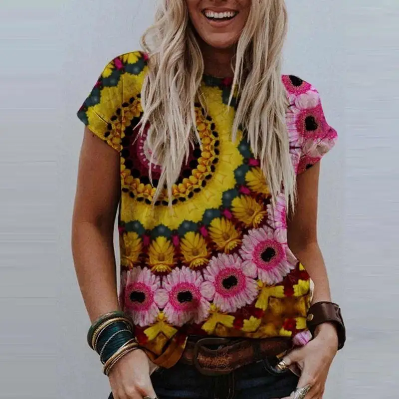 

Women's T-Shirt 2021 Fashion New Casual Loose Female t Shirt Short Sleeve Elegant Floral Print o Neck Plus Size Ladies T-Shirt