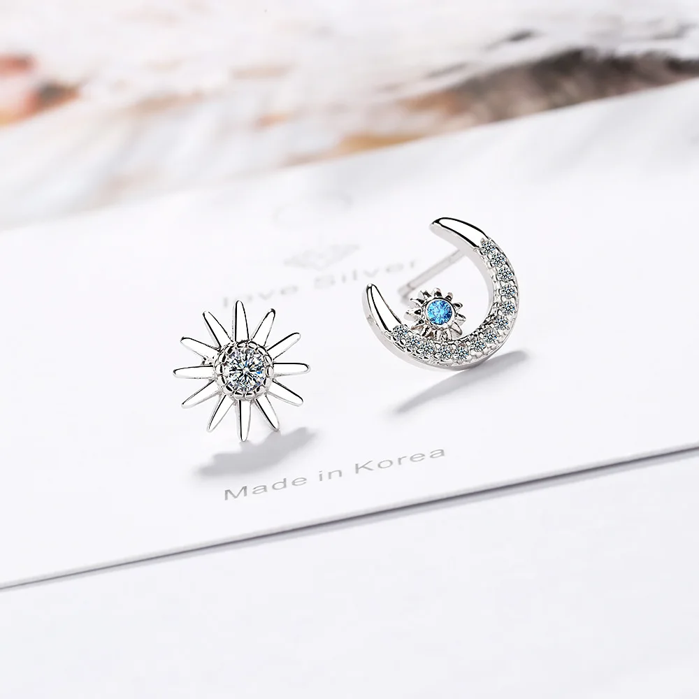 

925 Sterling Silver Piercing Crystal Asymmetry Star Moon Charm Stud Earring For Women Earrings Wedding Jewelry pendientes eh298